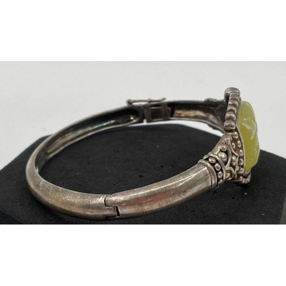 A925 Sterling Silver Yellow Stone Carved Flower Hinged Bangle Cuff Bracelet 7.5" - Picture 2 of 6